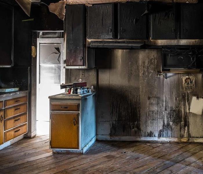 A fire-damaged kitchen