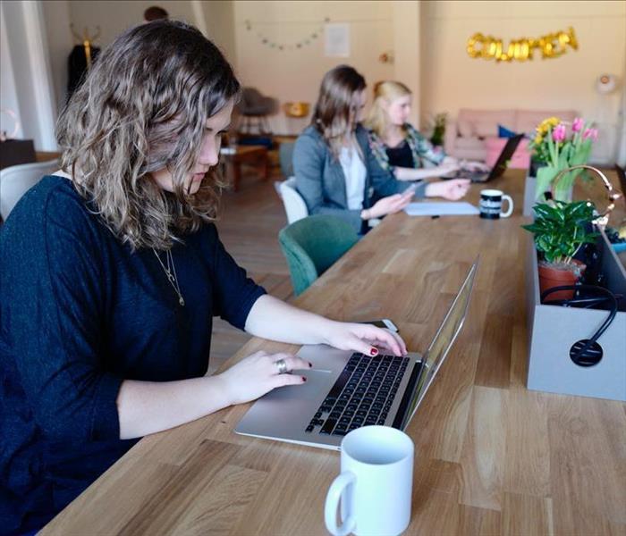 Women on laptops at a long desk